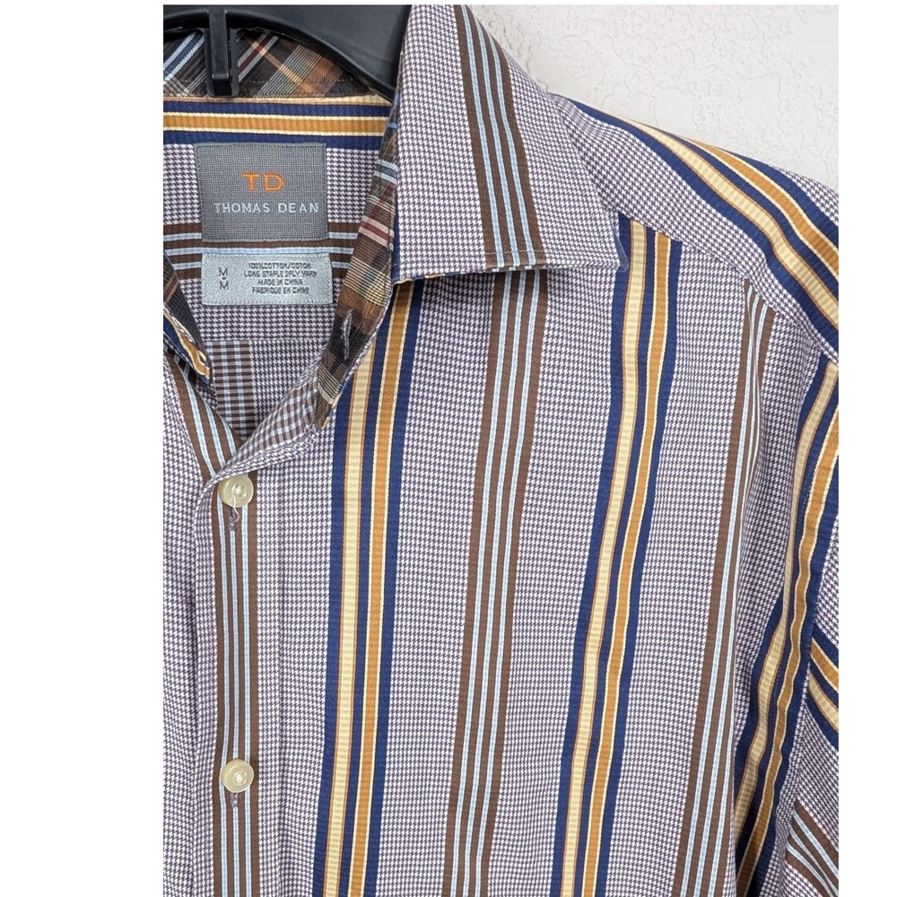 Thomas Dean Mens Medium Button Down Long‎ Sleeve Striped Plaid Shirt Cotton